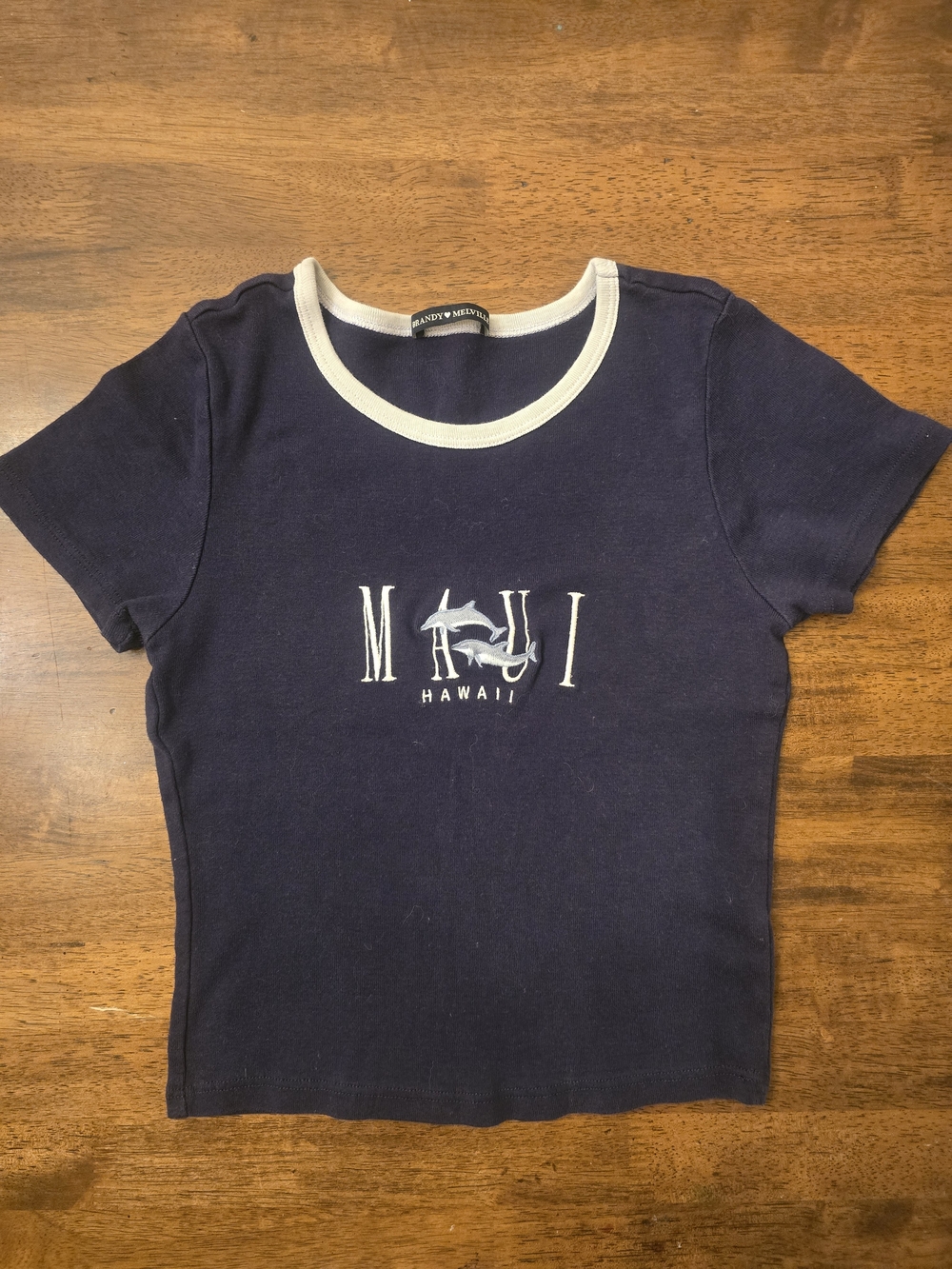 Brandy Melville Navy and White Maui Graphic Ringer Tee